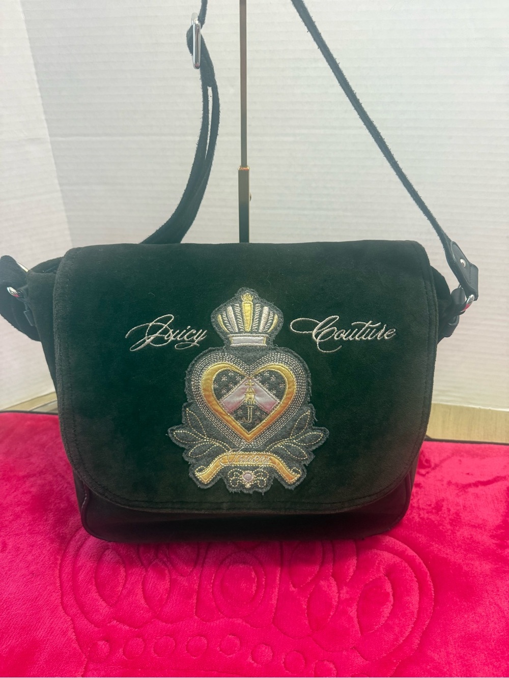 Vintage Juicy Couture Black Velour messenger Bag with Gold Embroidery